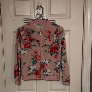 Poof! Pink Floral Ruffle Zip Bomber Jacket